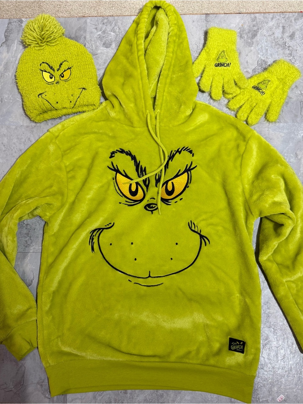 The Grinch Fleece Hoodie, Beanie & Gloves 3-Piece Matching Holiday Set